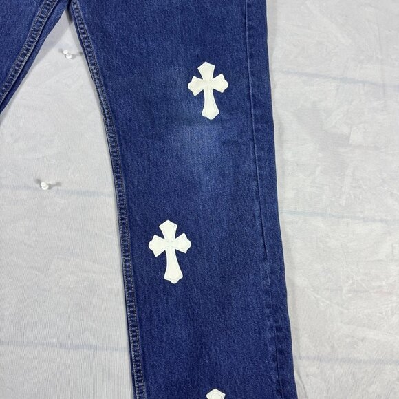 Levi's Mens Straight Leg Jeans Blue Denim Custom White Cross Patches Size 34x30 - Picture 8 of 16